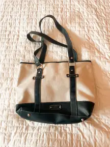 Cream Colored Canvas Genuine Leather Shoulder Bag