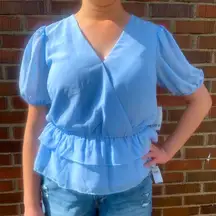 PUFF SLEEVE BLUE WHISPER PEPLUM TOP WOMEN’S SIZE LARGE