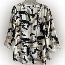 Van Heusen Flowy Cream Black and Tan Brushstroke V-Neck Tunic, Size L