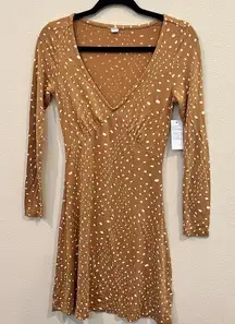 BP Brown White Polka Dot‎ Long Sleeve V Neck Mini Dress XS