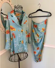 Victorias Secret Silky Satin  2 pc PJ's Floral Blue Small Top & Pant Set