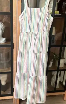 J. Crew tiered maxi dress poplin vertical rainbow stripes square neck sleeveless