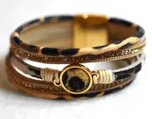 Fashion Faux Fur/Leather Animal Print Layered Gold Tone Magnet Clasp Bracelet