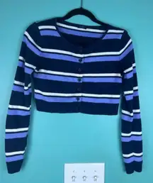John Galt Striped Button Front Cropped Sweater — Navy Blue Purple White — One Si