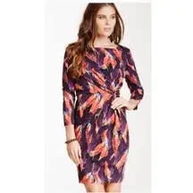 Tracy Negoshian Women XS Orange Purple Feather Print Twist Front Dress NWT