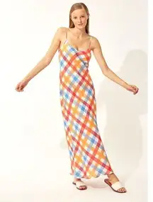 Solid & Striped NWT Size Large Linen Gingham Plaid Column Multicolor Maxi Dress