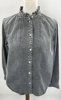 GAP Gray Ruffle Collar Denim Button Blouse Women’s Medium Tencel Lyocell