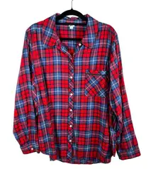 Aerie Women's Size XL Red Blue Plaid Flannel‎ Boyfriend Pajama Button Up Shirt