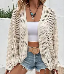 NWT ~ Beige Crochet Boho Open Front Oversized Lightweight Knit Cardigan ~OneSize