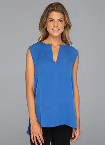 Halston Heritage Silk Sleeveless Notched Neck Top with Shirttail Hem Blue XS