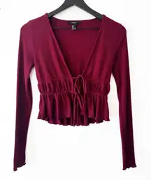 Forever 21 Burgundy Ribbed Peplum Tie Front Long Sleeve Top Size Small