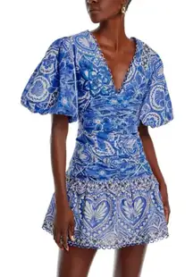 FARM Rio NEW!! Blue and White Tile Dream Puff Sleeve Mini Dress Size XL