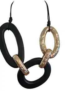 Black Gold Oval Link Statement Necklace Cord Chunky Textured Bold Adj 18"