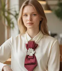 “Dainty Dapper”Elegant Red Polka Dot Necktie necklace with Flower Accent