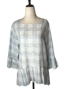 Kay‎ Celine Shirt Women Large Blue White Plaid Bell Sleeve Peplum Top Bohemian