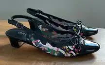 Vintage Vaneli Patent Leather Paint Splatter Sling Back Bow 1.5" Heels Black 8.5