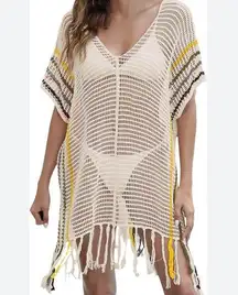 Beach Pool Coverup White Yellow & Black Mesh Sleeveless With Tassels