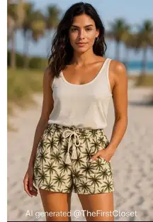 BRIGGS Palm Tree Print Elastic Waist Drawstring Tassels Casual Shorts Size Large