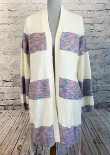 Lane Bryant Cozy Sweater Cardigan Duster Maxi Length Belted Striped Cream 14