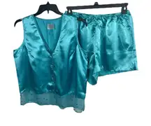 Aqua Blue Satin Feel Sleeveless Button Lace Top Shorts Pajama Set 1XLT
