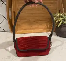 the SAK crochet basket weave red grey faux suede trim mini shoulder bag