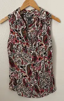 Chelsea & Theodore floral paisley button down collared sleeveless blouse S
