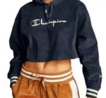 Champion Blue Corduroy Cotton Blend Pullover Long Sleeve Cropped Hoodie Small