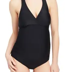 Motherhood Maternity One Piece Swimsuit Size Large Black Halter Ruched Summer