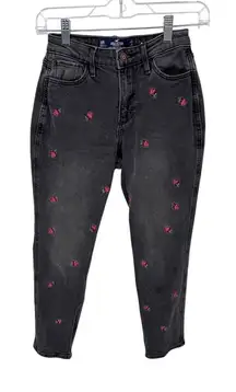 Vintage Y2K Hollister Curvy High-Rise Mom Jeans Rose‎ Embroidered Black sz 00R