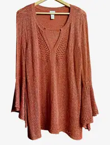 Chico's Rusty Orange Knit Bell Sleeve Layered V-neck Sweater Sz 12