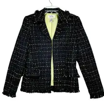 Bob Mackie Windowpane Check Blazer Lady Jacket Black Green Metallic Fringe 6