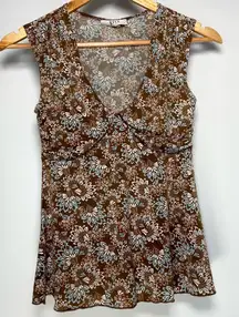 Vintage Brown Blue Floral Babydoll Top Y2K V-Neck Fairy Forest Cottagecore M