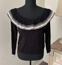 Divided Pink, white & black striped ruffle off shoulder long sleeve sweater