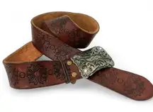 HOLLISTER  tooled leather belt ornate silver-toned buckle Flowers Western XL 37"