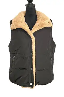 Lucky Brand Quilted And Sherpa Snap Front Vest Reversible Brown Tan Large NWOT