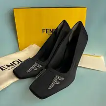 Fendi FFREEDOM Satin CLOTH HEELS With Embellishment NEW Dustbag Box Etc 38