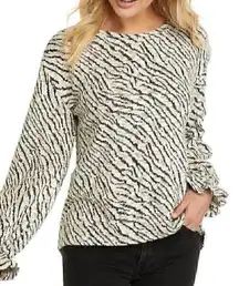 SHARAGANO Zebra Print Hacci Blouse Cream Off White Black Animal Long Sleeve Top