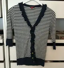 Merona blue and white stripped cardigan with gold buttons and ruffle trim
