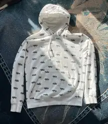 Nike Allover Logo Pullover Hoodie Women’s XS White Black Print Fleece Sweatshirt