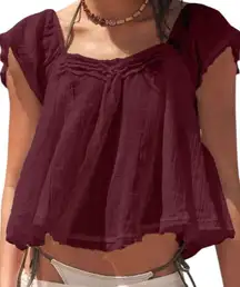 Free people sky top maroon boho beachy cotton lightweight flutter sleeve hippie