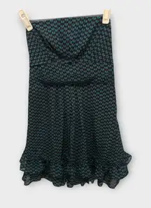 Ya‎ Black & Teal Owl Print Strapless Dress Ruffle Hem Silk Blend - Size M