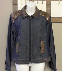 Patchington Vintage Silk Cotton Zip Up Jean Jacket Faux Snakeskin & Feathers-Med