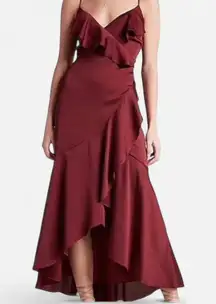 EXPRESS deep purple eggplant hi-lo wrap maxi dress with ruffle details and adjustable straps — Size XS