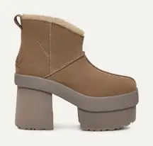 New UGG New Heights Platform Mini Boot Tan Suede Lamb Shearling Womens US 8.5