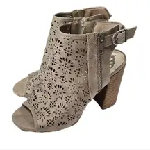 Fergalicious Booties Womens Size 6 Tan Perforrated Parney Peep-toe Block Heel