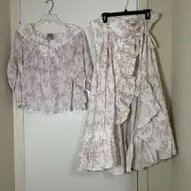 NWOT Thierry Colson Floral white cottage core 2 piece skirt and blouse Set Med
