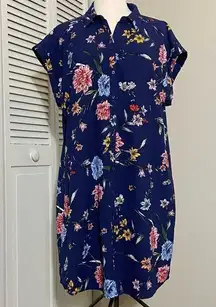 EXPRESS  Dark Blue Button Up Shirtdress XL Floral Short Sleeve