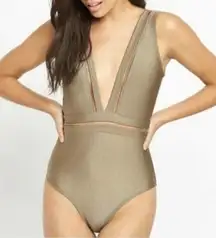 Ted Baker NWT  Starza Pointelle khaki deep V Plunge neckline one piece swimsuit 8