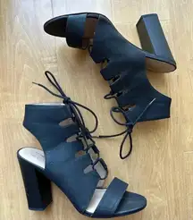 Mix No. 6 Black Lace Up Block Heels, Cocktail Party Sandal Heels, Size 10