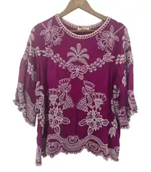 Solitaire Embroidered Tunic Top Magenta 100% Rayon 3/4 Sleeve Medium